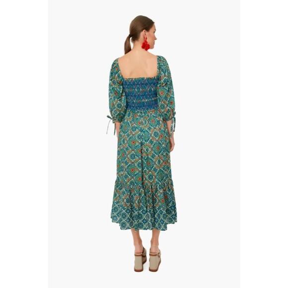 Cara Cara Moroccan Tile Teal Jazzy Midi Dress Size Large Boho Smocked Dress - Picture 2 of 12